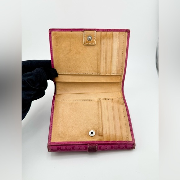 Coach Signature Mini C Canvas Fuchsia Compact Wallet with Silver Hardware - Picture 8 of 13